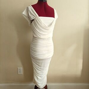 New Shein Mod Dress White Bodycon Ruched Midi Square Neck Short Sleeve Bridal